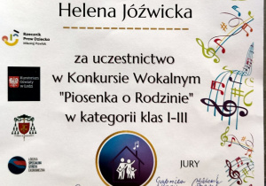 Dyplom dla Heleny Jóźwickiej za udział w konkursie ,,Piosenka o Rodzinie".